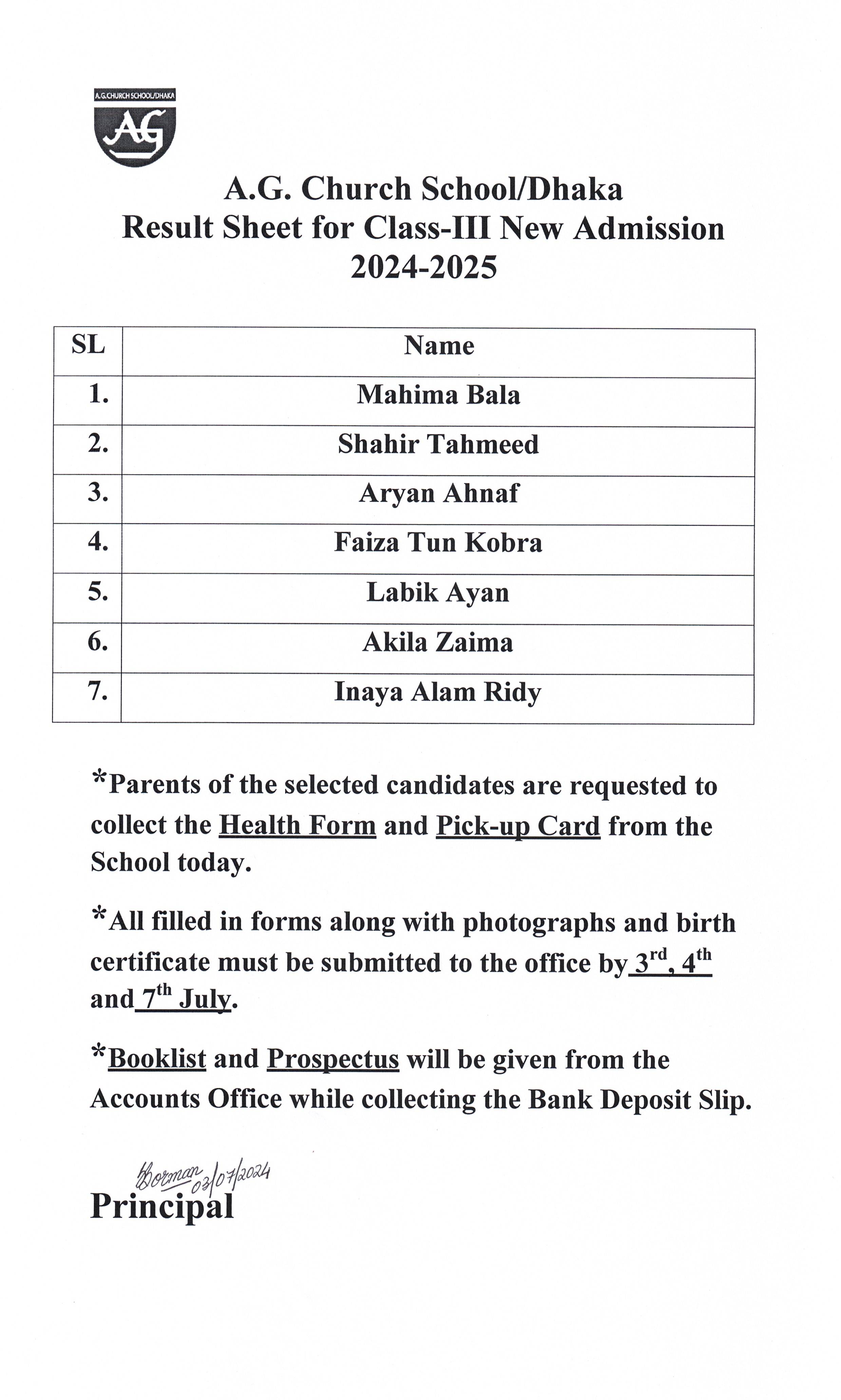 Result Sheet for Class-3 New Admission 2024-2025